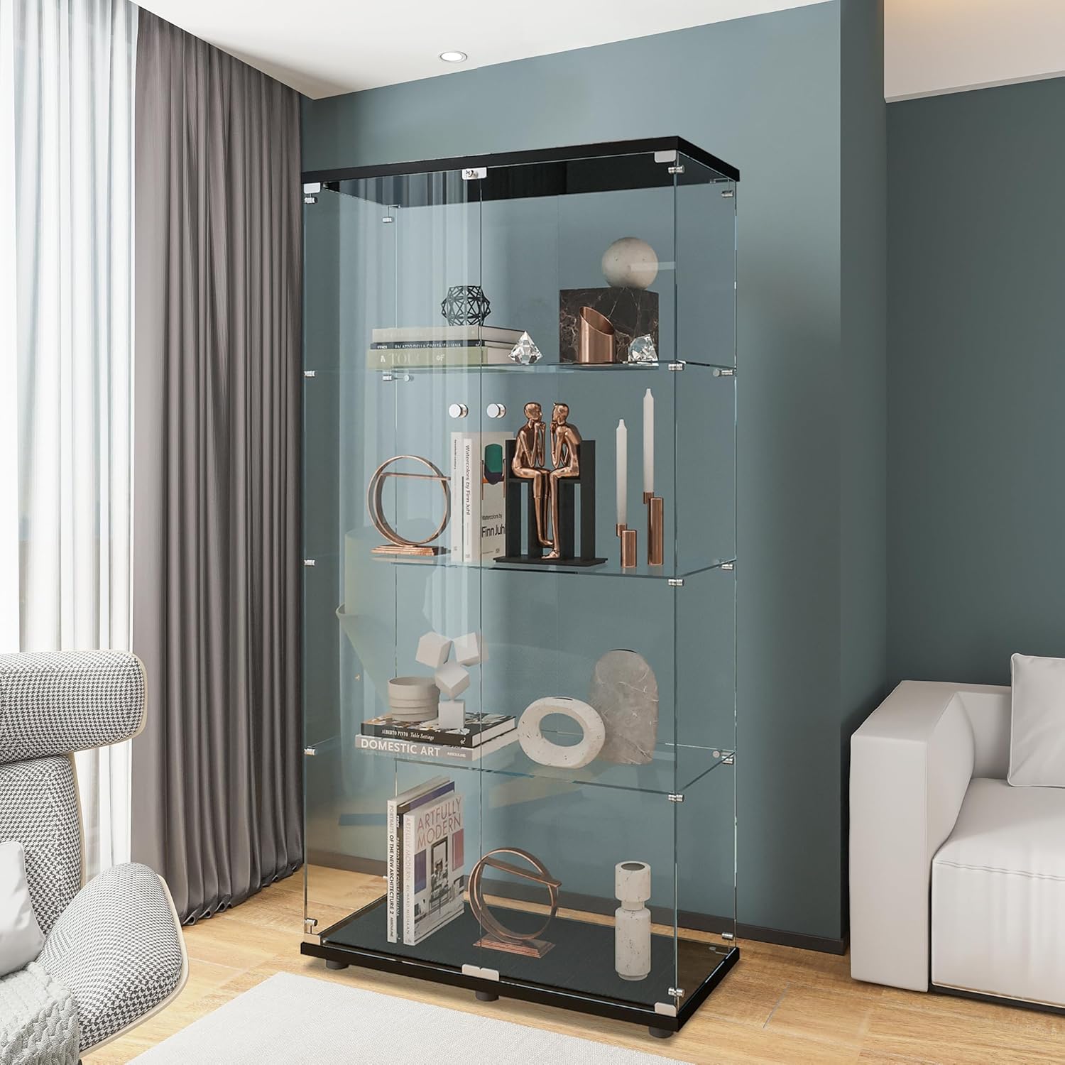 Glass Cabinet Display - 유리 진열장 (4단 선반, 2도어), 거실,